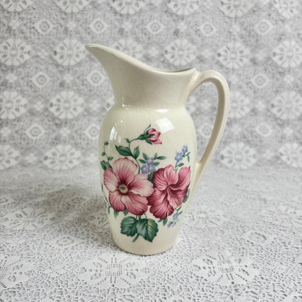 Vintage Royal Copley Floral Pitcher Vase Pink Hibiscus Cottagecore Pottery